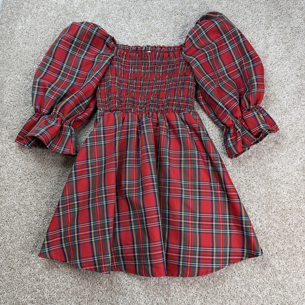 Blue Rain Red Plaid Dress Juniors Medium Smocked Sleeve Fit Flare Square Neck